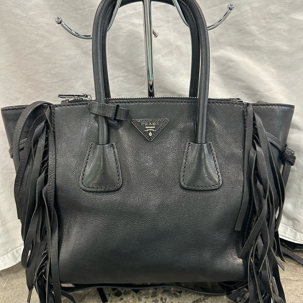 Prada Black leather tote with Fringe Details
